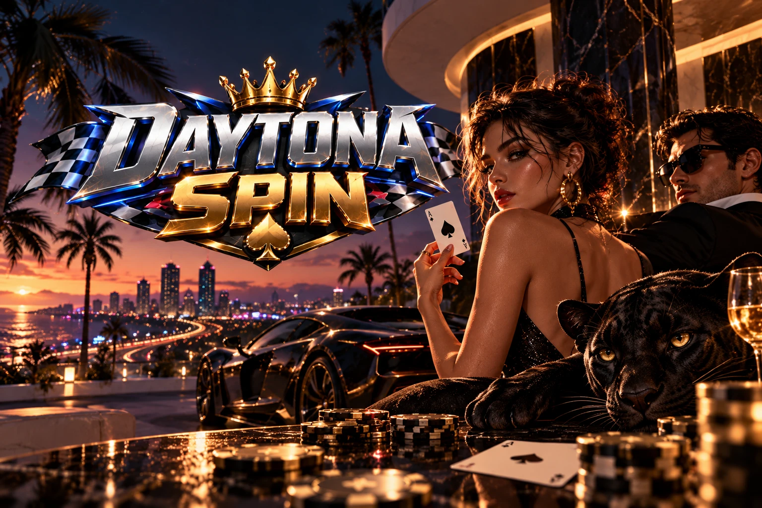 DaytonaSpin Casino banner: villa bij zonsondergang met zwarte panter en pokerkaarten